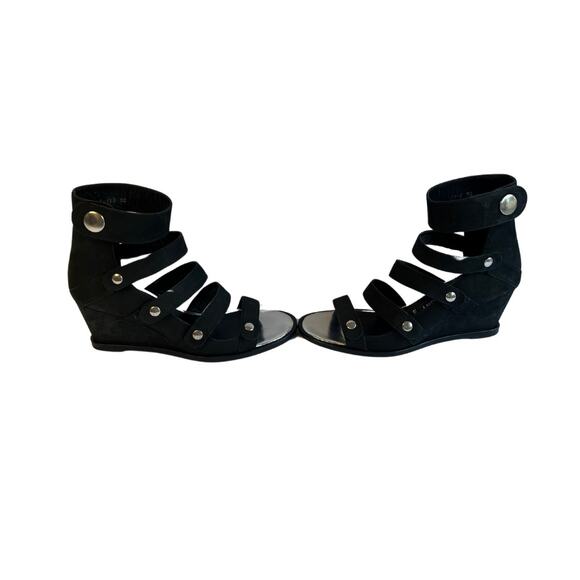 OPENING CEREMONY Black Leather Strappy Snap Button Wedge Sandal Size 7.5 /38 - Picture 4 of 8